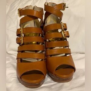 Michael Kors , Sandra platform heel, leather luggage brown, size 5m